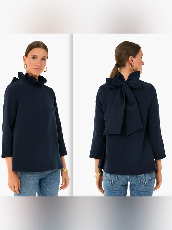 Tuckernuck Tops - Tuckernuck Navy Ruffle Neck Bow Back Blouse Top NWT Size XXL Elegant Chic